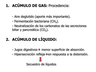 1. ACÚMULO DE GAS: Procedencia:
- Aire deglutido (aporte más importante).
- Fermentación bacteriana (CH4).
- Neutralización de los carbonatos de las secreciones
biliar y pancreática (CO2).
2. ACÚMULO DE LÍQUIDO:
- Jugos digestivos menor superficie de absorción.
- Hipersecreción reflejaen respuesta a la distensión.
Secuestro de líquidos
 