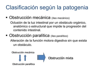 Clasificación según la patogenia
 Obstrucción mecánica (íleo mecánico)
Oclusión de la luz intestinal por un obstáculo orgánico,
anatómico o estructural que impide la progresión del
contenido intestinal.
 Obstrucción paralítica (íleo paralítico)
Alteración de la función motora digestiva sin que exista
un obstáculo.
Obstrucción mecánica
Obstrucción paralítica
Obstrucción mixta
 