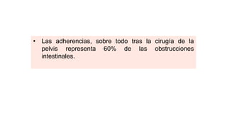 • Las adherencias, sobre todo tras la cirugía de la
pelvis representa 60% de las obstrucciones
intestinales.
 