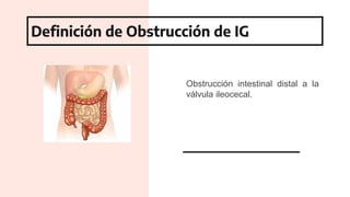 Obstrucción intestinal distal a la
válvula ileocecal.
Definición de Obstrucción de IG
 