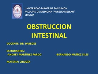 OBSTRUCCION
INTESTINAL
DOCENTE: DR. PAREDES
ESTUDIANTES:
-ANDREY MARTÍNEZ PARDO -BERNARDO MUÑOZ SILES
MATERIA: CIRUGÍA
UNIVERSIDAD MAYOR DE SAN SIMÓN
FACULTAD DE MEDICINA “AURELIO MELEAN”
CIRUGIA
 