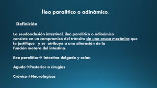 La seudooclusión intestinal, íleo paralítico o adinámico
consiste en un compromiso del tránsito sin una causa mecánica que
lo justifique y se atribuye a una alteración de la
función motora del intestino.
íleo paralítico Intestino delgado y colon.
AgudoPosterior a cirugías
CrónicoNeurológicas
Íleo paralítico o adinámico.
Definición
 