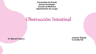 Obstrucción Intestinal
Universidad de Oriente
Núcleo Anzoátegui
Escuela de Medicina
Departamento de cirugía
Josemar Quijada
Ci 25.566.748
Dr. Manuel Toquero
 