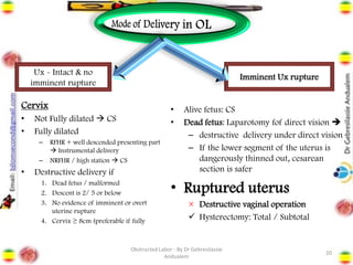 20
Ux - Intact & no
imminent rupture
Imminent Ux rupture
Cervix
• Not Fully dilated → CS
• Fully dilated
– RFHR + well descended presenting part
→ Instrumental delivery
– NRFHR / high station → CS
• Destructive delivery if
1. Dead fetus / malformed
2. Descent is 2/ 5 or below
3. No evidence of imminent or overt
uterine rupture
4. Cervix ≥ 8cm (preferable if fully
• Alive fetus: CS
• Dead fetus: Laparotomy fof direct vision ➔
– destructive delivery under direct vision
– If the lower segment of the uterus is
dangerously thinned out, cesarean
section is safer
• Ruptured uterus
× Destructive vaginal operation
✓ Hysterectomy: Total / Subtotal
Obstructed Labor - By Dr Gebresilassie
Andualem
 