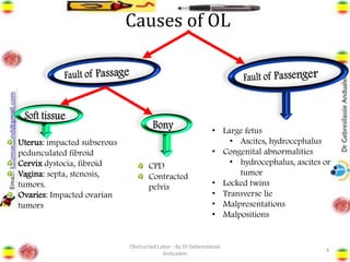 Causes of OL
4
CPD
Contracted
pelvis
Uterus: impacted subserous
pedunculated fibroid
Cervix dystocia, fibroid
Vagina: septa, stenosis,
tumors.
Ovaries: Impacted ovarian
tumors
• Large fetus
• Ascites, hydrocephalus
• Congenital abnormalities
• hydrocephalus, ascites or
tumor
• Locked twins
• Transverse lie
• Malpresentations
• Malpositions
Obstructed Labor - By Dr Gebresilassie
Andualem
 