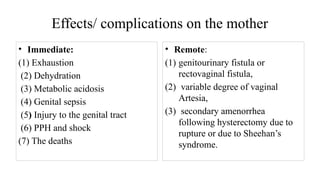 Effects/ complications on the mother
• Immediate:
(1) Exhaustion
(2) Dehydration
(3) Metabolic acidosis
(4) Genital sepsis
(5) Injury to the genital tract
(6) PPH and shock
(7) The deaths
• Remote:
(1) genitourinary fistula or
rectovaginal fistula,
(2) variable degree of vaginal
Artesia,
(3) secondary amenorrhea
following hysterectomy due to
rupture or due to Sheehan’s
syndrome.
 