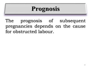 The prognosis of subsequent
pregnancies depends on the cause
for obstructed labour.
32
 