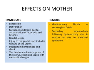 EFFECTS ON MOTHER
IMMEDIATE
• Exhaustion
• Dehydration
• Metabolic acidosis is due to
accumulation of lactic acid and
ketones.
• Genital sepsis
• Injury to the genital tract includes
rupture of the uterus
• Postpartum hemorrhage and
shock
• The deaths are due to rupture of
the uterus, shock and sepsis with
metabolic changes.
REMOTE
• Genitourinary fistula or
rectovaginal fistula
• Secondary amenorrhoea
following hysterectomy due to
rupture or due to sheehan’s
syndrome.
 