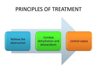 PRINCIPLES OF TREATMENT
Relieve the
obstruction
Combat
dehydration and
ketoacidosis
control sepsis
 