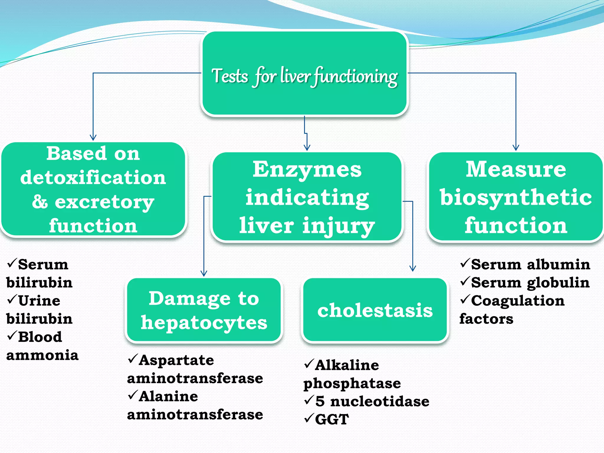 Tests for liver functioning
Based on
detoxification
& excretory
function
Enzymes
indicating
liver injury
Measure
biosynthetic
function
Damage to
hepatocytes
cholestasis
Serum
bilirubin
Urine
bilirubin
Blood
ammonia Aspartate
aminotransferase
Alanine
aminotransferase
Alkaline
phosphatase
5 nucleotidase
GGT
Serum albumin
Serum globulin
Coagulation
factors
 