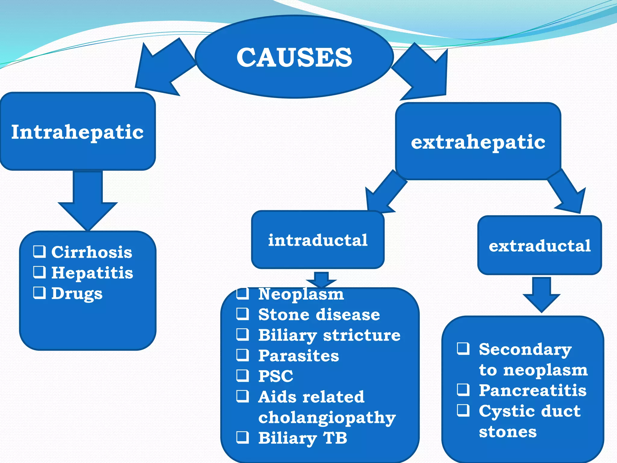 CAUSES
Intrahepatic extrahepatic
intraductal extraductal Cirrhosis
 Hepatitis
 Drugs  Neoplasm
 Stone disease
 Biliary stricture
 Parasites
 PSC
 Aids related
cholangiopathy
 Biliary TB
 Secondary
to neoplasm
 Pancreatitis
 Cystic duct
stones
 