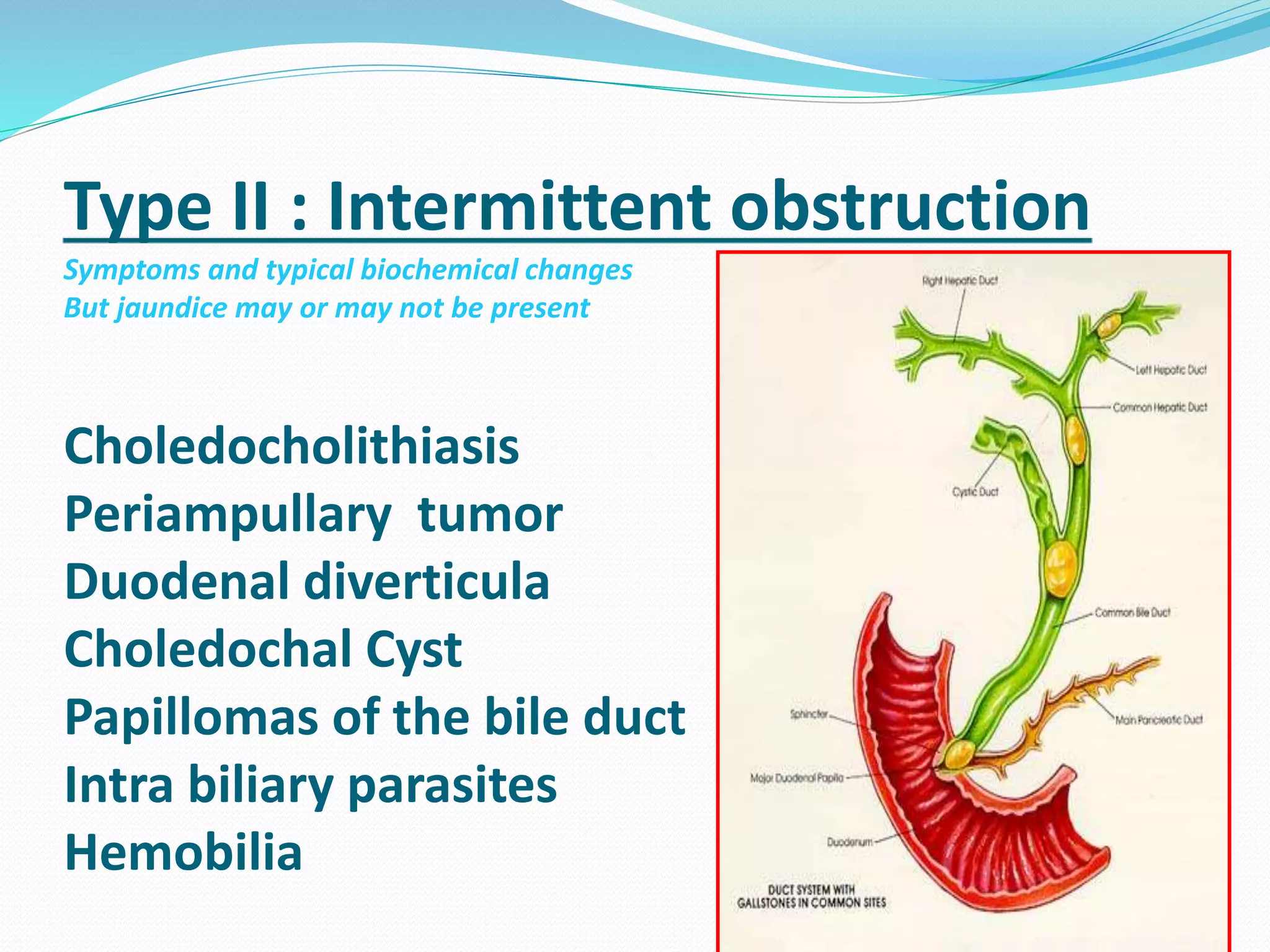 Type II : Intermittent obstruction
Symptoms and typical biochemical changes
But jaundice may or may not be present
Choledocholithiasis
Periampullary tumor
Duodenal diverticula
Choledochal Cyst
Papillomas of the bile duct
Intra biliary parasites
Hemobilia
 