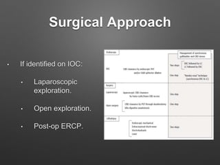 Surgical Approach
• If identified on IOC:
• Laparoscopic
exploration.
• Open exploration.
• Post-op ERCP.
 