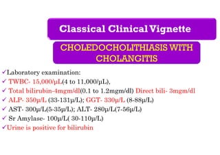 Classical ClinicalVignette
Laboratory examination:
 TWBC- 15,000/µL(4 to 11,000/µL),
 Total bilirubin-4mgm/dl(0.1 to 1.2mgm/dl) Direct bili- 3mgm/dl
 ALP- 350µ/L (33-131µ/L); GGT- 330µ/L (8-88µ/L)
 AST- 300µ/L(5-35µ/L); ALT- 280µ/L(7-56µ/L)
 Sr Amylase- 100µ/L( 30-110µ/L)
Urine is positive for bilirubin
CHOLEDOCHOLITHIASIS WITH
CHOLANGITIS
 