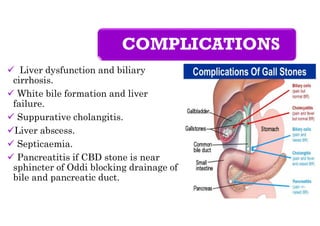 COMPLICATIONS
 Liver dysfunction and biliary
cirrhosis.
 White bile formation and liver
failure.
 Suppurative cholangitis.
Liver abscess.
 Septicaemia.
 Pancreatitis if CBD stone is near
sphincter of Oddi blocking drainage of
bile and pancreatic duct.
 