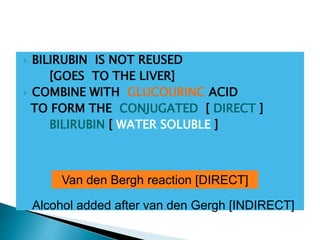  BILIRUBIN IS NOT REUSED
[GOES TO THE LIVER]
 COMBINE WITH GLUCOURINC ACID
TO FORM THE CONJUGATED [ DIRECT ]
BILIRUBIN [ WATER SOLUBLE ]
Van den Bergh reaction [DIRECT]
Alcohol added after van den Gergh [INDIRECT]
 