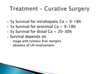  5y Survival for intrahepatic Ca = 9-18%
 5y Survival for proximal Ca = 9-18%
 5y Survival for distal Ca = 20-30%
 Survival depends on
◦ stage with tumour free margins
◦ absence of LN involvement
 