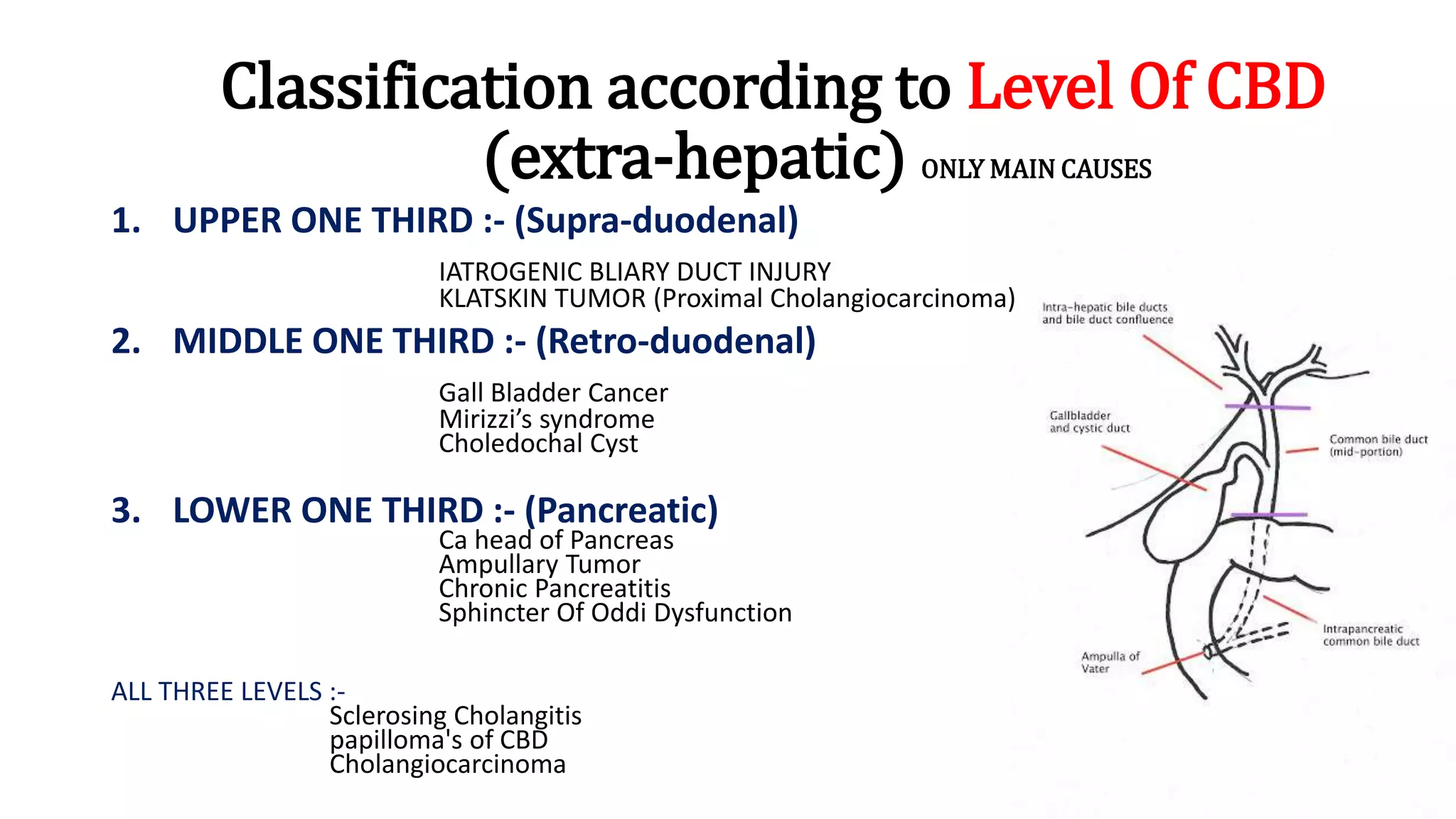 Classification according to Level Of CBD
(extra-hepatic) ONLY MAIN CAUSES
1. UPPER ONE THIRD :- (Supra-duodenal)
IATROGENIC BLIARY DUCT INJURY
KLATSKIN TUMOR (Proximal Cholangiocarcinoma)
2. MIDDLE ONE THIRD :- (Retro-duodenal)
Gall Bladder Cancer
Mirizzi’s syndrome
Choledochal Cyst
3. LOWER ONE THIRD :- (Pancreatic)
Ca head of Pancreas
Ampullary Tumor
Chronic Pancreatitis
Sphincter Of Oddi Dysfunction
ALL THREE LEVELS :-
Sclerosing Cholangitis
papilloma's of CBD
Cholangiocarcinoma
 