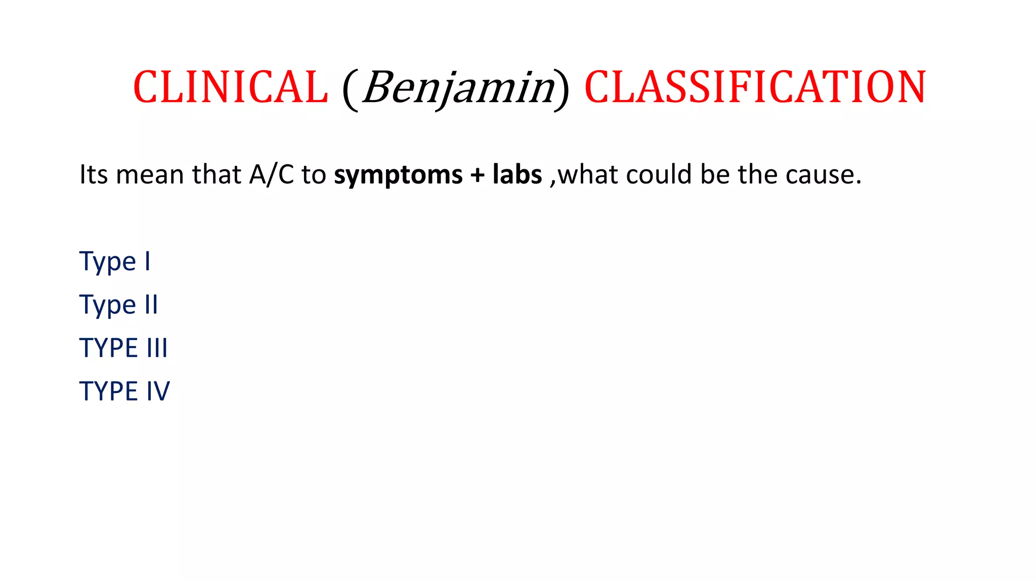 CLINICAL (Benjamin) CLASSIFICATION
Its mean that A/C to symptoms + labs ,what could be the cause.
Type I
Type II
TYPE III
TYPE IV
 