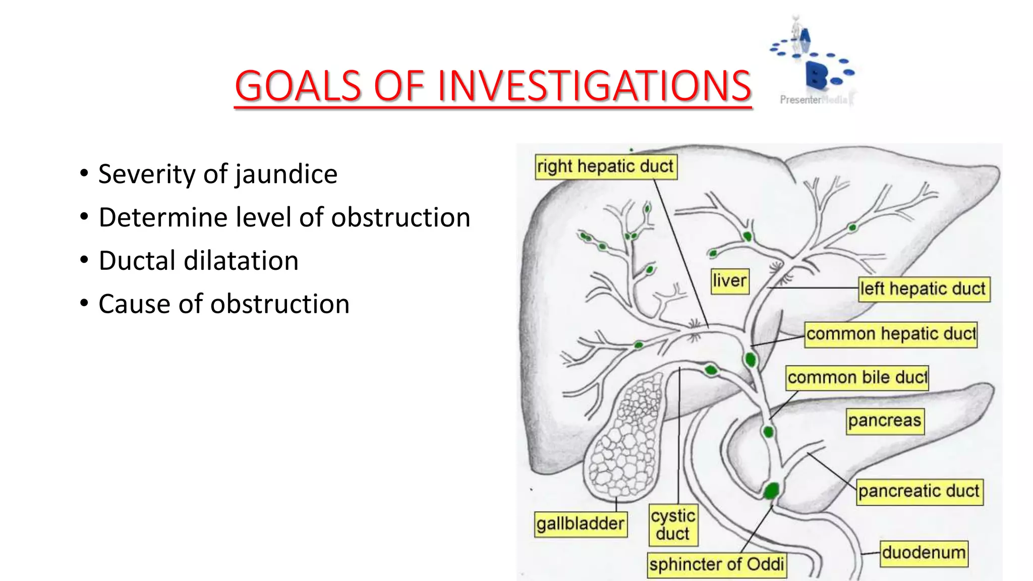 GOALS OF INVESTIGATIONS
• Severity of jaundice
• Determine level of obstruction
• Ductal dilatation
• Cause of obstruction
 