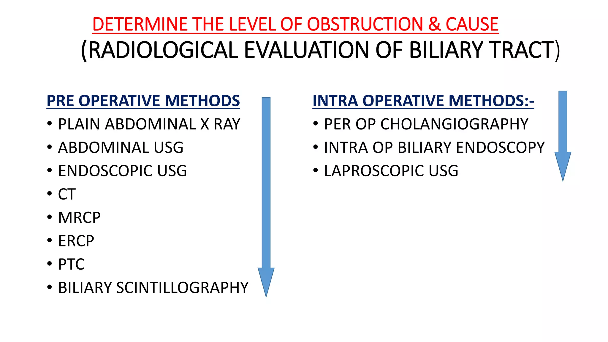 DETERMINE THE LEVEL OF OBSTRUCTION & CAUSE
(RADIOLOGICAL EVALUATION OF BILIARY TRACT)
PRE OPERATIVE METHODS
• PLAIN ABDOMINAL X RAY
• ABDOMINAL USG
• ENDOSCOPIC USG
• CT
• MRCP
• ERCP
• PTC
• BILIARY SCINTILLOGRAPHY
INTRA OPERATIVE METHODS:-
• PER OP CHOLANGIOGRAPHY
• INTRA OP BILIARY ENDOSCOPY
• LAPROSCOPIC USG
 