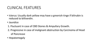 CLINICAL FEATURES
• Icterus: Usually dark yellow may have a greenish tinge if bilirubin is
reduced to billiverdin.
• Jaundice
1. Fluctuant in case of CBD Stones & Ampullary Growth.
2. Progressive in case of malignant obstruction by Carcinoma of Head
of Pancrease
• Hepatomegaly
 