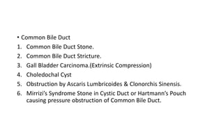 • Common Bile Duct
1. Common Bile Duct Stone.
2. Common Bile Duct Stricture.
3. Gall Bladder Carcinoma.(Extrinsic Compression)
4. Choledochal Cyst
5. Obstruction by Ascaris Lumbricoides & Clonorchis Sinensis.
6. Mirrizi’s Syndrome Stone in Cystic Duct or Hartmann’s Pouch
causing pressure obstruction of Common Bile Duct.
 