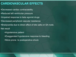 CARDIOVASCULAR EFFECTS
Decreased cardiac contractability
Reduced left ventricular pressure
Impaired response to beta agonist drugs
Decreased peripheral vascular resistance
Bradycardia due to direct effect of bile salts on SA node.
Net result
Hypotensive patient
Exaggerated hypotensive response to bleeding
More prone to postoperative shock
 