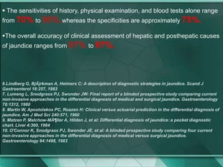  The sensitivities of history, physical examination, and blood tests alone range
from 70% to 95%,whereas the specificities are approximately 75%.
The overall accuracy of clinical assessment of hepatic and posthepatic causes
of jaundice ranges from 87% to 97%.
6.Lindberg G, BjÃjrkman A, Helmers C: A description of diagnostic strategies in jaundice. Scand J
Gastroenterol 18:257, 1983
7. Lumeng L, Snodgrass PJ, Swonder JW: Final report of a blinded prospective study comparing current
non-invasive approaches in the differential diagnosis of medical and surgical jaundice. Gastroenterology
78:1312, 1980
8. Martin W, Apostolakos PC, Roazen H: Clinical versus actuarial prediction in the differential diagnosis of
jaundice. Am J Med Sci 240:571, 1960
9. Matzen P, Malchow-MÃ¶ller A, Hilden J, et al: Differential diagnosis of jaundice: a pocket diagnostic
chart. Liver 4:360, 1984
10. O'Connor K, Snodgrass PJ, Swonder JE, et al: A blinded prospective study comparing four current
non-invasive approaches in the differential diagnosis of medical versus surgical jaundice.
Gastroenterology 84:1498, 1983
 