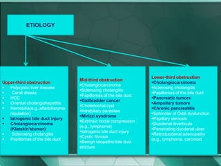 Upper-third obstruction
 Polycystic liver disease
 Caroli diseas
 HCC
 Oriental cholangiohepatitis
 Hemobilia(e.g.,afterbiliaryma
nipulation)
 Iatrogenic bile duct injury
 Cholangiocarcinoma
(Klatskin'stumor)
 Sclerosing cholangitis
 Papillomas of the bile duct
Mid-third obstruction
Cholangiocarcinoma
Sclerosing cholangitis
Papillomas of the bile duct
Gallbladder cancer
Choledochal cyst
Intrabiliary parasites
Mirizzi syndrome
Extrinsic nodal compression
(e.g., lymphoma)
Iatrogenic bile duct injury
Cystic fibrosis
Benign idiopathic bile duct
stricture
Lower-third obstruction
Cholangiocarcinoma
Sclerosing cholangitis
Papillomas of the bile duct
Pancreatic tumors
Ampullary tumors
Chronic pancreatitis
Sphincter of Oddi dysfunction
Papillary stenosis
Duodenal diverticula
Penetrating duodenal ulcer
Retroduodenal adenopathy
(e.g., lymphoma, carcinoid
ETIOLOGY
 