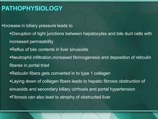 PATHOPHYSIOLOGY
Increase in biliary pressure leads to
Disruption of tight junctions between hepatocytes and bile duct cells with
increased permeability
Reflux of bile contents in liver sinusoids
Neutrophil infiltration,increased fibrinogenesis and deposition of reticulin
fiberes in portal triad
Reticulin fibers gets converted in to type 1 collagen
Laying down of collagen fibers leads to hepatic fibrosis obstruction of
sinusoids and secondary biliary cirrhosis and portal hypertension
Fibrosis can also lead to atrophy of obstructed liver
 