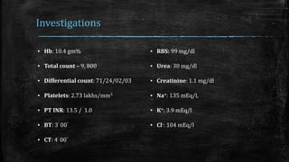Investigations
▪ Hb: 10.4 gm%
▪ Total count – 9, 800
▪ Differential count: 71/24/02/03
▪ Platelets: 2.73 lakhs/mm3
▪ PT INR: 13.5 / 1.0
▪ BT: 3’ 00”
▪ CT: 4’ 00”
▪ RBS: 99 mg/dl
▪ Urea: 30 mg/dl
▪ Creatinine: 1.1 mg/dl
▪ Na+: 135 mEq/l,
▪ K+: 3.9 mEq/l
▪ Cl-: 104 mEq/l
 