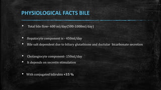 • Total bile flow- 600 ml/day(500-1000ml/day)
• Hepatocyte component is - 450ml/day
• Bile salt dependent due to biliary glutathione and ductular bicarbonate secretion
• Cholangiocyte component- 150ml/day
• It depends on secretin stimulation
• With conjugated bilirubin <15 %
PHYSIOLOGICAL FACTS BILE
 