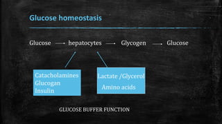 Glucose homeostasis
Glucose hepatocytes Glycogen Glucose
Lactate /Glycerol
Amino acids
Catacholamines
Glucogan
Insulin
GLUCOSE BUFFER FUNCTION
 