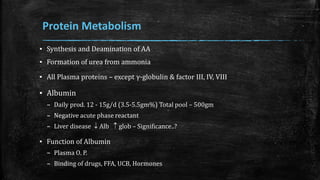 Protein Metabolism
▪ Synthesis and Deamination of AA
▪ Formation of urea from ammonia
▪ All Plasma proteins – except γ-globulin & factor III, IV, VIII
▪ Albumin
– Daily prod. 12 - 15g/d (3.5-5.5gm%) Total pool – 500gm
– Negative acute phase reactant
– Liver disease  Alb  glob – Significance..?
▪ Function of Albumin
– Plasma O. P.
– Binding of drugs, FFA, UCB, Hormones
 