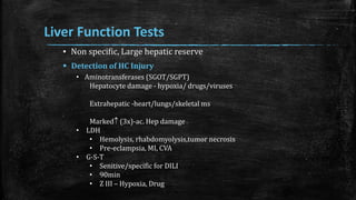 Liver Function Tests
▪ Non specific, Large hepatic reserve
 Detection of HC Injury
• Aminotransferases (SGOT/SGPT)
Hepatocyte damage - hypoxia/ drugs/viruses
Extrahepatic -heart/lungs/skeletal ms
Marked (3x)-ac. Hep damage
• LDH
• Hemolysis, rhabdomyolysis,tumor necrosis
• Pre-eclampsia, MI, CVA
• G-S-T
• Senitive/specific for DILI
• 90min
• Z III – Hypoxia, Drug
 