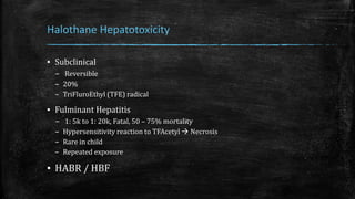 Halothane Hepatotoxicity
▪ Subclinical
– Reversible
– 20%
– TriFluroEthyl (TFE) radical
▪ Fulminant Hepatitis
– 1: 5k to 1: 20k, Fatal, 50 – 75% mortality
– Hypersensitivity reaction to TFAcetyl  Necrosis
– Rare in child
– Repeated exposure
▪ HABR / HBF
 
