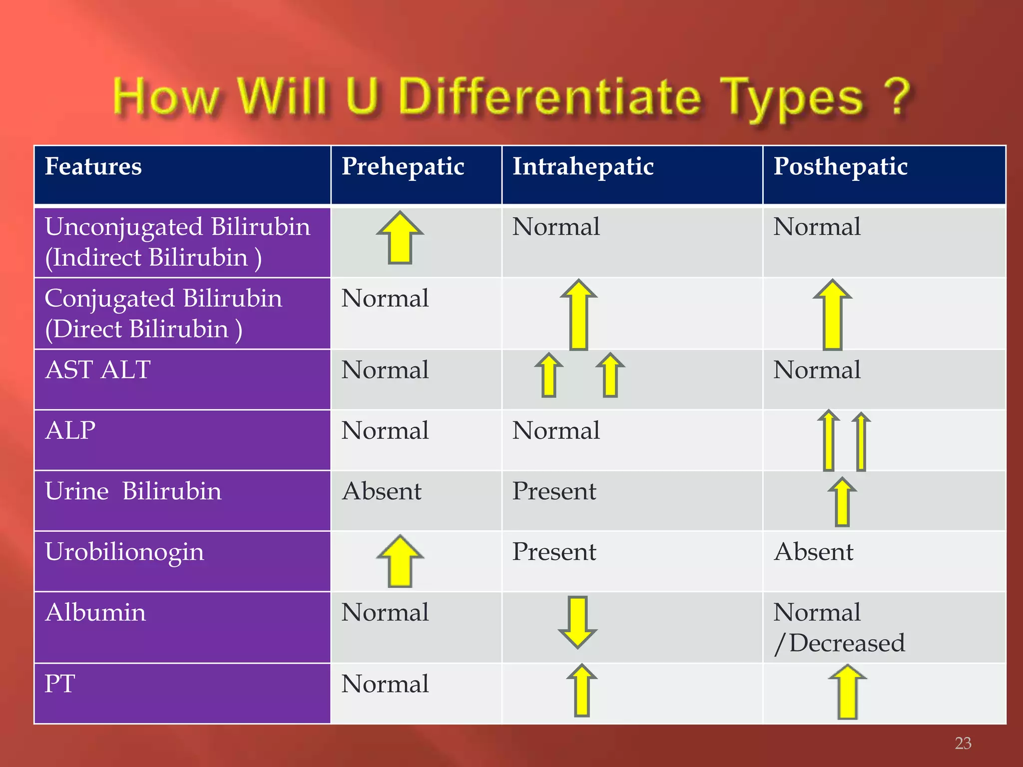 Features Prehepatic Intrahepatic Posthepatic
Unconjugated Bilirubin
(Indirect Bilirubin )
Normal Normal
Conjugated Bilirubin
(Direct Bilirubin )
Normal
AST ALT Normal Normal
ALP Normal Normal
Urine Bilirubin Absent Present
Urobilionogin Present Absent
Albumin Normal Normal
/Decreased
PT Normal
23
 