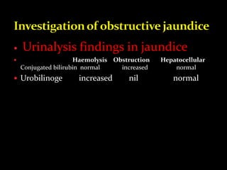  Urinalysis findings in jaundice
 Haemolysis Obstruction Hepatocellular
Conjugated bilirubin normal increased normal
 Urobilinoge increased nil normal
 