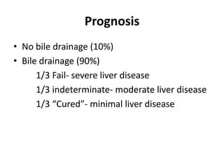 Prognosis
• No bile drainage (10%)
• Bile drainage (90%)
1/3 Fail- severe liver disease
1/3 indeterminate- moderate liver disease
1/3 “Cured”- minimal liver disease
 