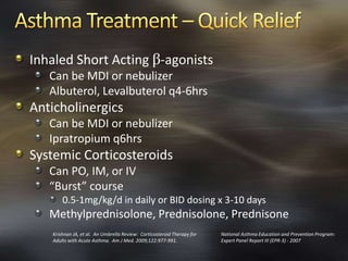 Inhaled Short Acting β-agonists
Can be MDI or nebulizer
Albuterol, Levalbuterol q4-6hrs
Anticholinergics
Can be MDI or nebulizer
Ipratropium q6hrs
Systemic Corticosteroids
Can PO, IM, or IV
“Burst” course
0.5-1mg/kg/d in daily or BID dosing x 3-10 days
Methylprednisolone, Prednisolone, Prednisone
National Asthma Education and Prevention Program:
Expert Panel Report III (EPR-3) - 2007
Krishnan JA, et al. An Umbrella Review: Corticosteroid Therapy for
Adults with Acute Asthma. Am J Med. 2009;122:977-991.
 