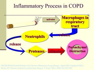 releaserelease
Inflammatory Process in COPD
NHLBI/WHO Global Initiative for Chronic Obstructive Lung Disease. April 2001 (Updated 2003).
Barnes PJ. Chronic obstructive pulmonary disease. N Engl J Med. 2000;343:269-280.
activatesactivatesactivatesactivates
NeutrophilsNeutrophilsNeutrophilsNeutrophils
Macrophages inMacrophages in
respiratoryrespiratory
tracttract
Macrophages inMacrophages in
respiratoryrespiratory
tracttract
ProteasesProteasesProteasesProteases stimulatestimulatestimulatestimulate
releaserelease
ParenchymalParenchymal
DestructionDestruction
 