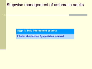 Step 1: Mild intermittent asthma
Inhaled short acting ß2 agonist as required
Stepwise management of asthma in adults
 