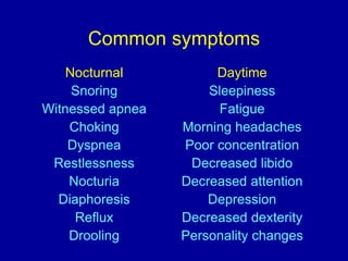 Common symptoms
Nocturnal Daytime
Snoring Sleepiness
Witnessed apnea Fatigue
Choking Morning headaches
Dyspnea Poor concentration
Restlessness Decreased libido
Nocturia Decreased attention
Diaphoresis Depression
Reflux Decreased dexterity
Drooling Personality changes
 