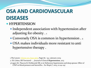 OSA AND CARDIOVASCULAR
DISEASES
 HYPERTENSION
 Independent association with hypertension after
adjusting for obesity . 1
 Conversely OSA is common in hypertension . 2
 OSA makes individuals more resistant to anti
hypertensive therapy .
1.The Lancet, Volume 373, Issue 9657, Pages 82 - 93, 3 January 2009
2. DL Cohen, RR Townsend - … Journal of Clinical Hypertension, 2013
3.Logan AG, Tkacova R, Perlikowski SM, et al: Refractory hypertension and sleep apnoea: Effect of
CPAP on blood pressure and baroreflex. Eur Respir J 2003; 21:241-247
 