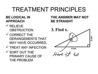 TREATMENT PRINCIPLES
BE LOGICAL IN
APPROACH
 RELIEVE
OBSTRUCTION
 CORRECT THE
DERANGEMENTS THAT
MAY HAVE OCCURRED.
 TREAT ANY INFECTION
 SORT OUT THE
PRIMARY CAUSE OF
THE PROBLEM
THE ANSWER MAY NOT
BE STRAIGHT
 