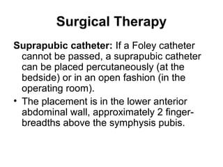 Surgical Therapy
Suprapubic catheter: If a Foley catheter
cannot be passed, a suprapubic catheter
can be placed percutaneously (at the
bedside) or in an open fashion (in the
operating room).
• The placement is in the lower anterior
abdominal wall, approximately 2 finger-
breadths above the symphysis pubis.
 