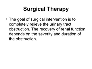 Surgical Therapy
• The goal of surgical intervention is to
completely relieve the urinary tract
obstruction. The recovery of renal function
depends on the severity and duration of
the obstruction.
 