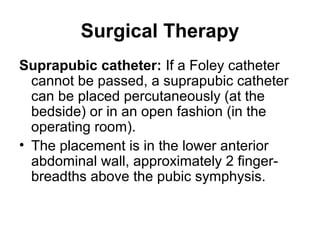 Surgical Therapy
Suprapubic catheter: If a Foley catheter
cannot be passed, a suprapubic catheter
can be placed percutaneously (at the
bedside) or in an open fashion (in the
operating room).
• The placement is in the lower anterior
abdominal wall, approximately 2 finger-
breadths above the pubic symphysis.
 