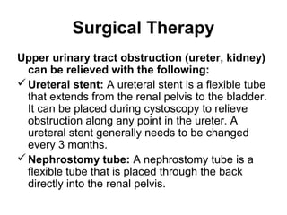 Surgical Therapy
Upper urinary tract obstruction (ureter, kidney)
can be relieved with the following:
Ureteral stent: A ureteral stent is a flexible tube
that extends from the renal pelvis to the bladder.
It can be placed during cystoscopy to relieve
obstruction along any point in the ureter. A
ureteral stent generally needs to be changed
every 3 months.
Nephrostomy tube: A nephrostomy tube is a
flexible tube that is placed through the back
directly into the renal pelvis.
 